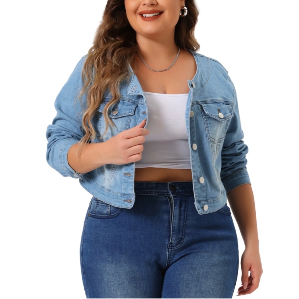 Agnes Orinda Women’s Plus Size Denim Collarless Crop Jean Jacket 4x Light Blue